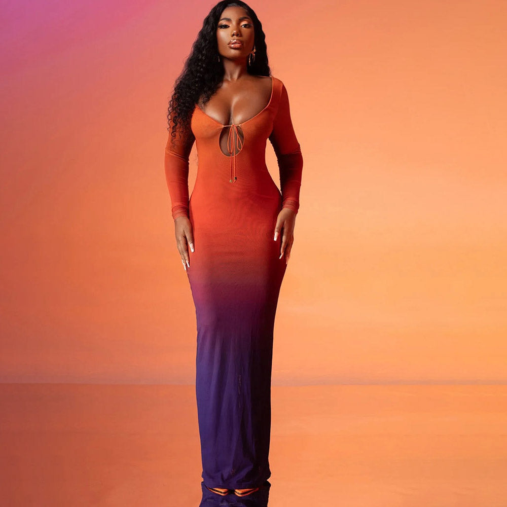 YAYOU GRADIENT COLOR BODYCON MAXI DRESS