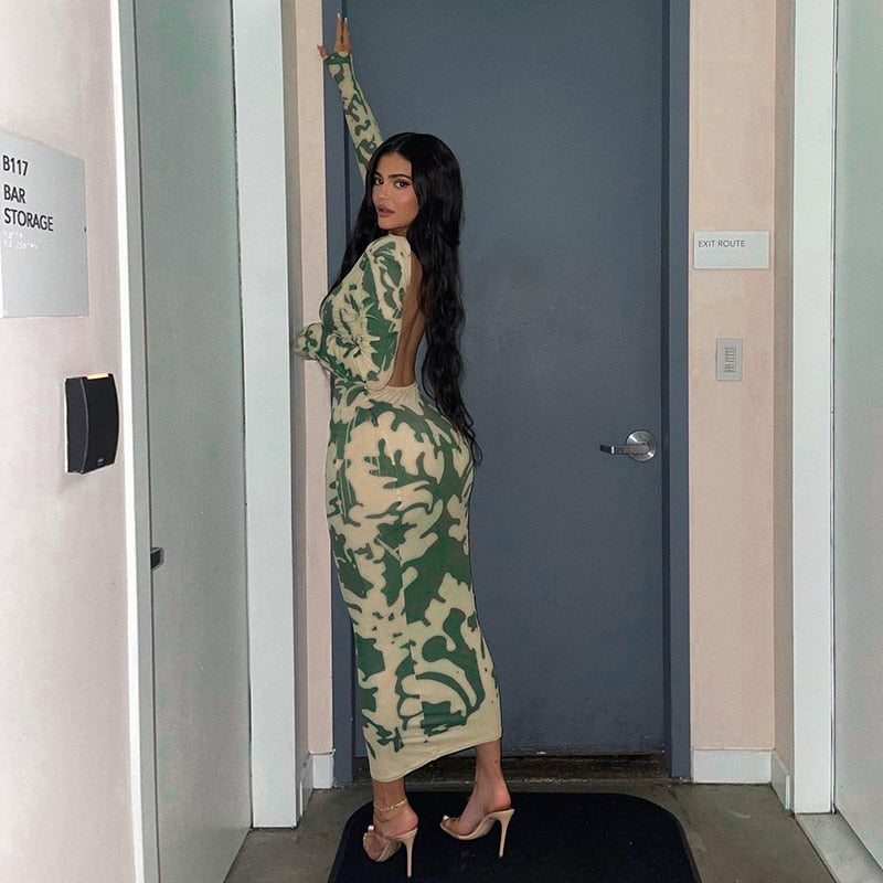 KYLIE LONG SLEEVE BACKLESS GREEN PRINT DRESS