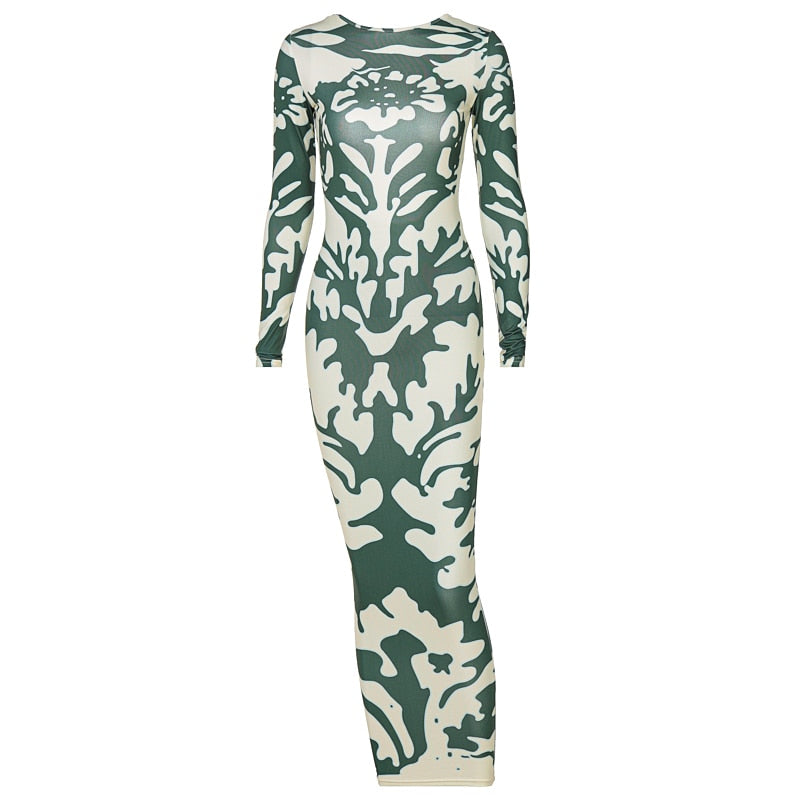 KYLIE LONG SLEEVE BACKLESS GREEN PRINT DRESS