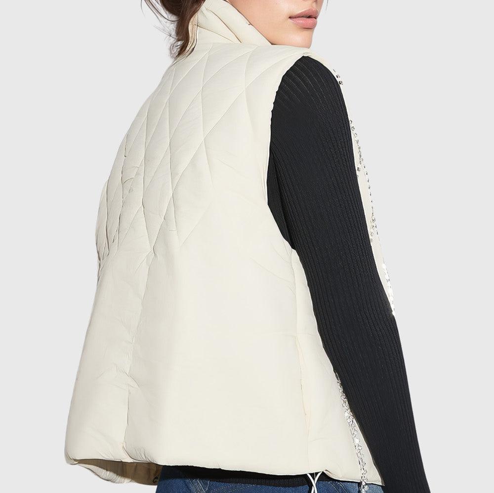 WHITE PUFFER VEST with RHINESTONES