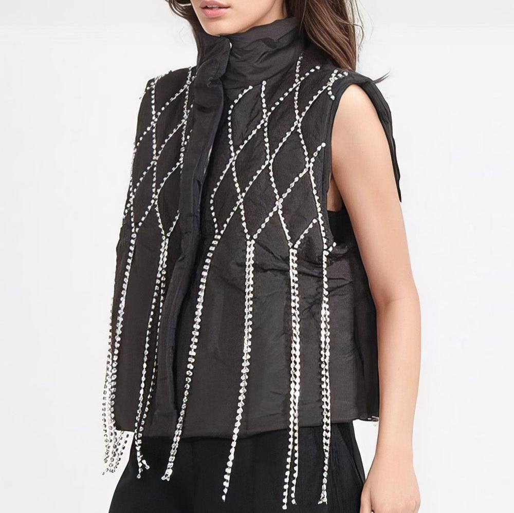 BLACK PUFFER VEST with RHINESTONES