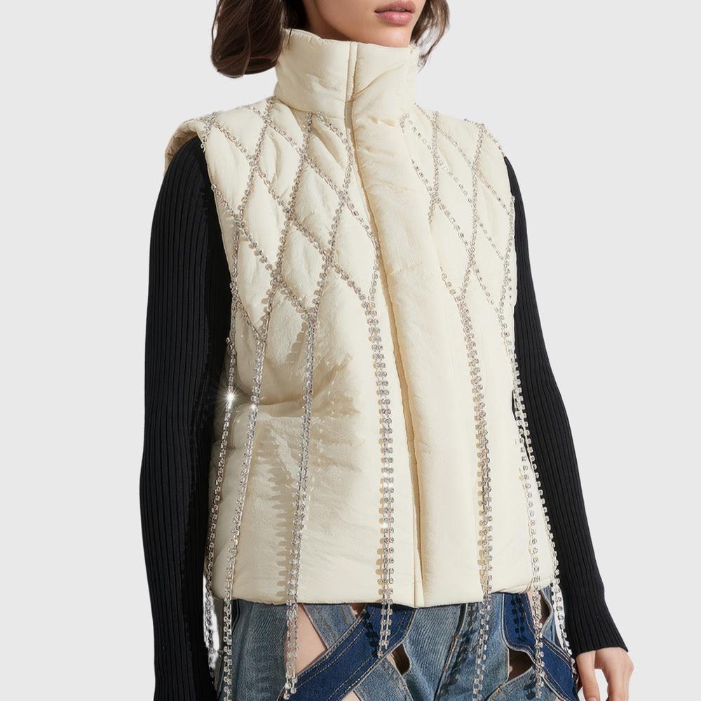 WHITE PUFFER VEST with RHINESTONES