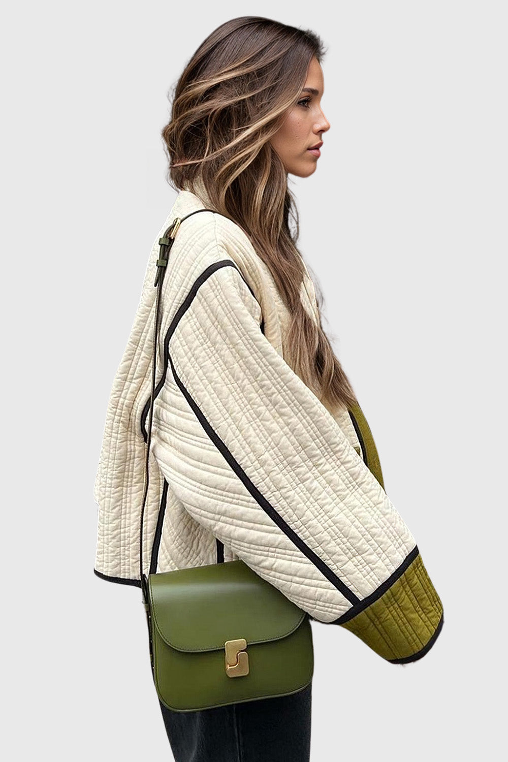 Short Buttoned Jacket in Textured Fabric - Green