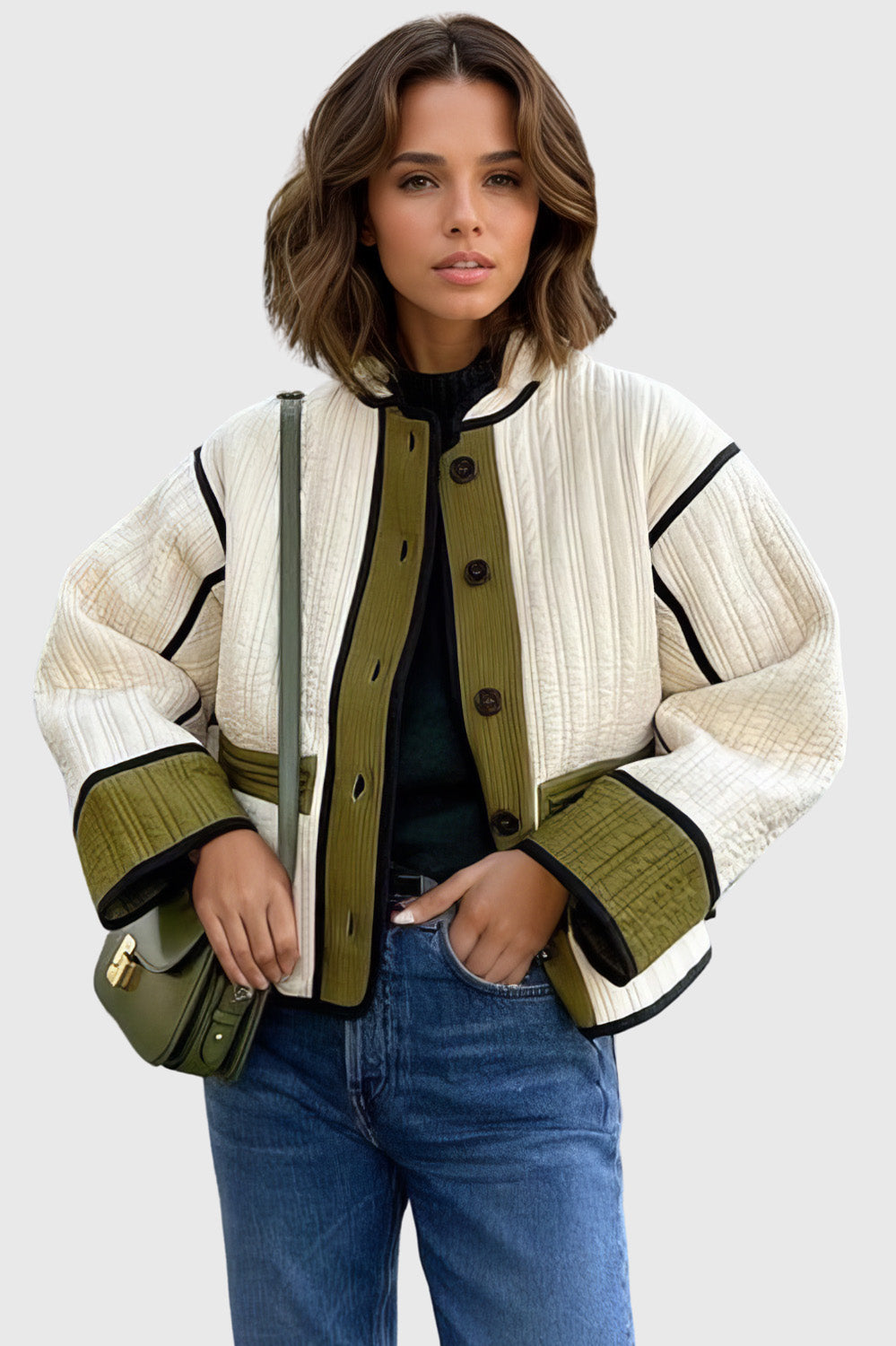 Short Buttoned Jacket in Textured Fabric - Green