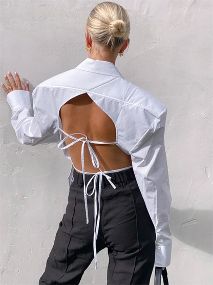 WHITE SHIRT with OVERSIZED SHOULDERS and OPEN BACK LACE UP