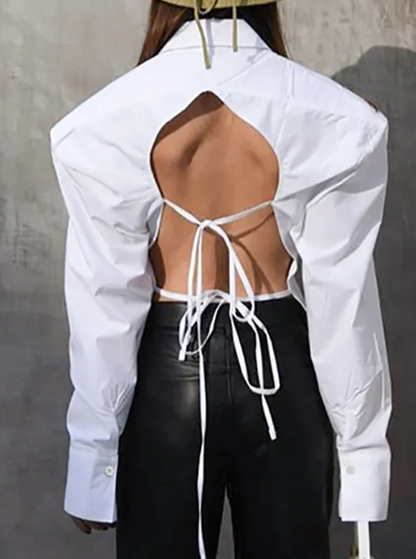 WHITE SHIRT with OVERSIZED SHOULDERS and OPEN BACK LACE UP