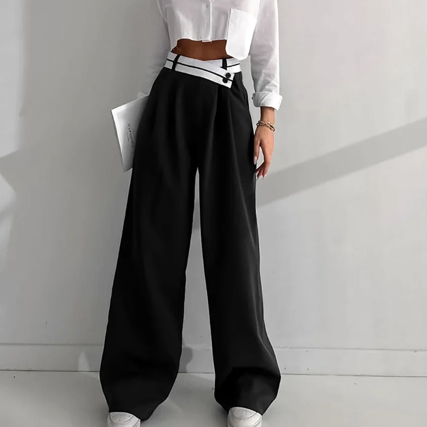 BLACK HIGH WAISTED TURN-UP TROUSERS