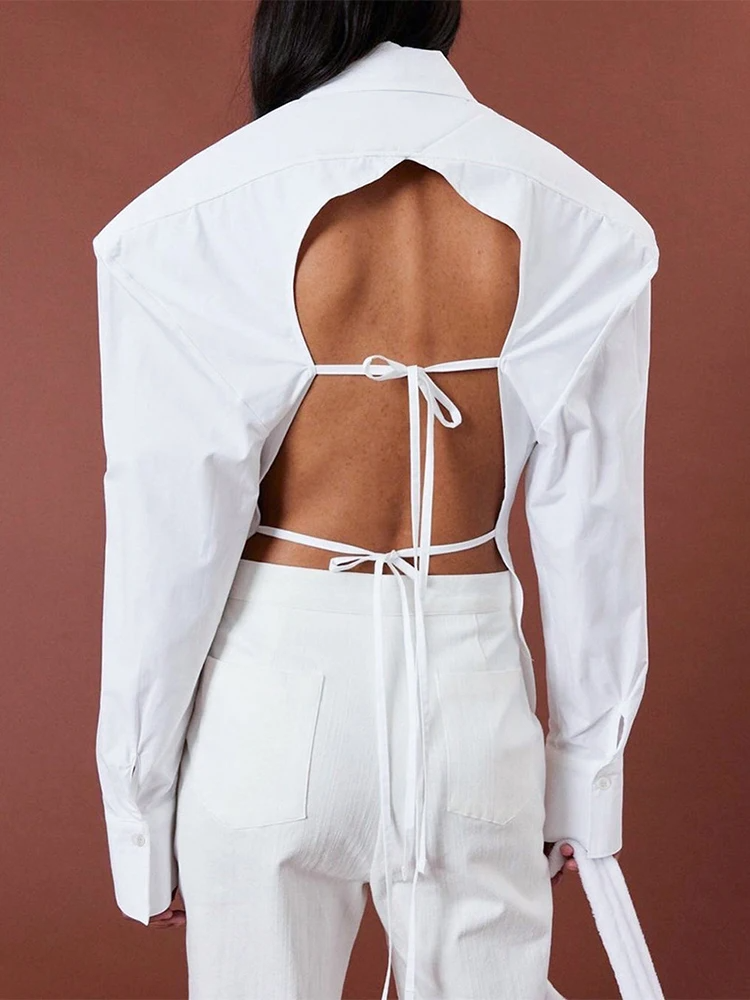 WHITE SHIRT with OVERSIZED SHOULDERS and OPEN BACK LACE UP