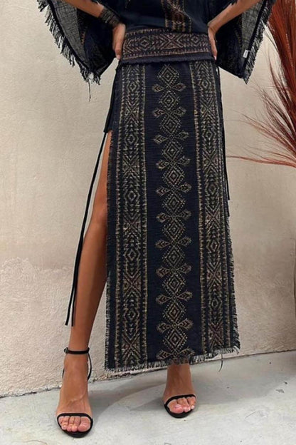 Ethnic Print Patchwork Side Lace-Up Maxi Skirt-Set