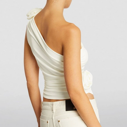 WHITE ONE SHOULDER TOP with FLOWERS