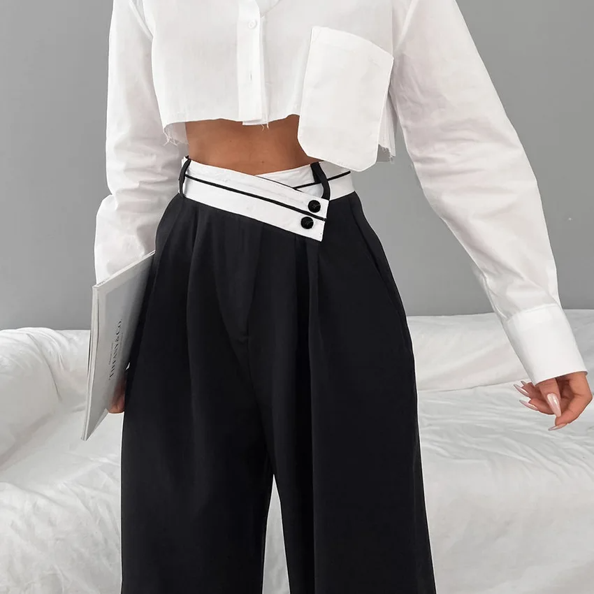 BLACK HIGH WAISTED TURN-UP TROUSERS