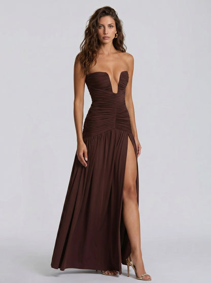 Elegant Deep V Strapless Ruched Maxi Dress