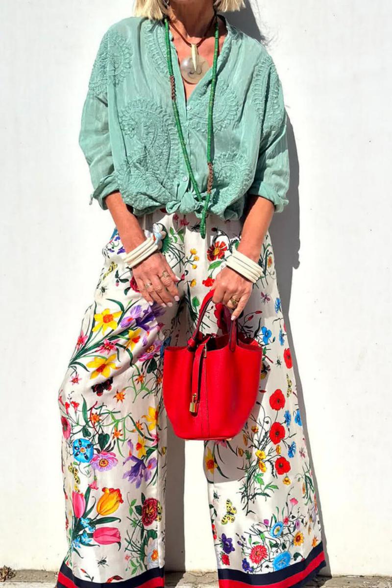 Floral Unique Print Elastic Waist Pocketed Wide Leg Pants-Set