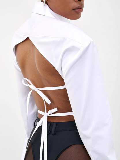 WHITE SHIRT with OVERSIZED SHOULDERS and OPEN BACK LACE UP