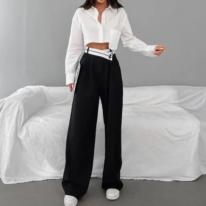 BLACK HIGH WAISTED TURN-UP TROUSERS