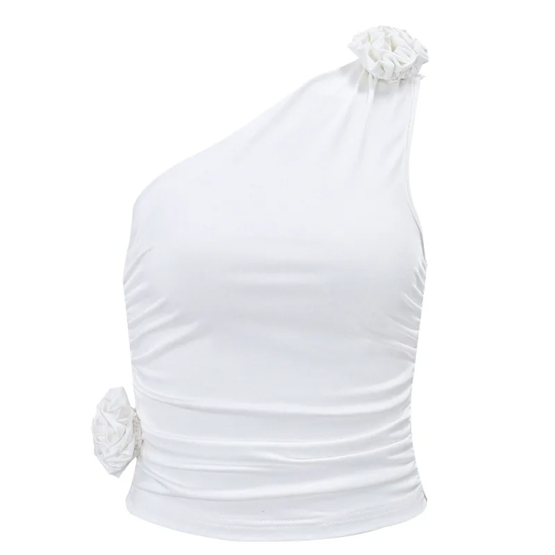 WHITE ONE SHOULDER TOP with FLOWERS