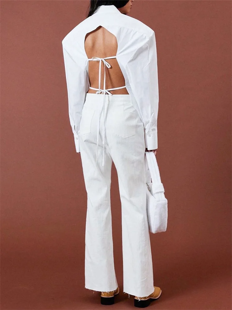 WHITE SHIRT with OVERSIZED SHOULDERS and OPEN BACK LACE UP