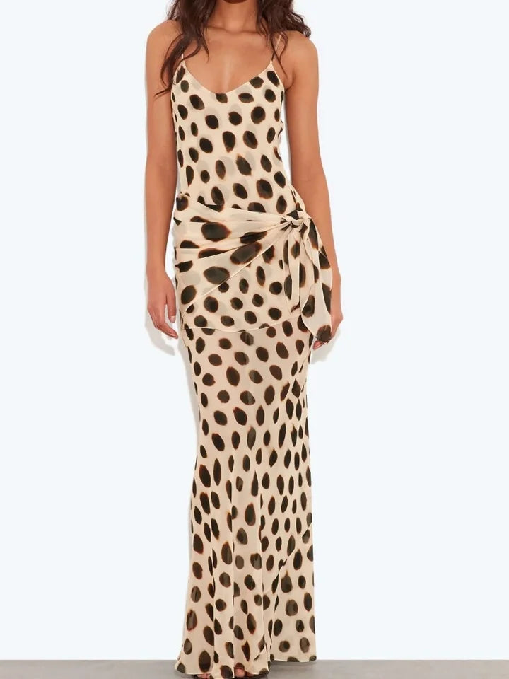 Animal Print Spaghetti Strap Maxi Dress With Waist Tie