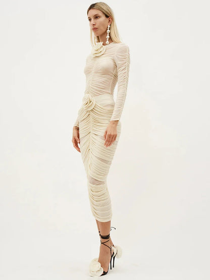 Apricot Two-Piece Party Set – Long Sleeve Structured Flower Top & Pleated Skirt for Women