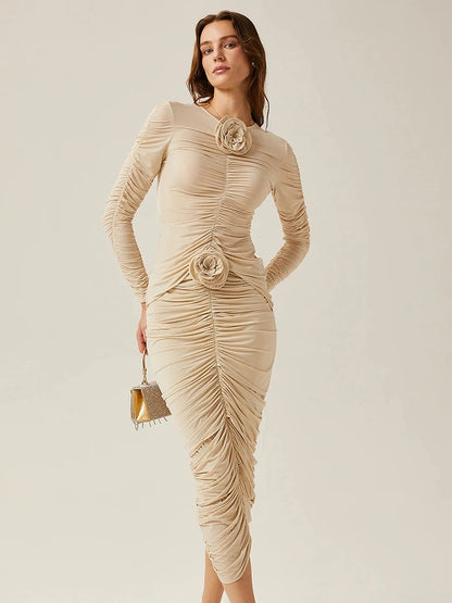 Apricot Two-Piece Party Set – Long Sleeve Structured Flower Top & Pleated Skirt for Women