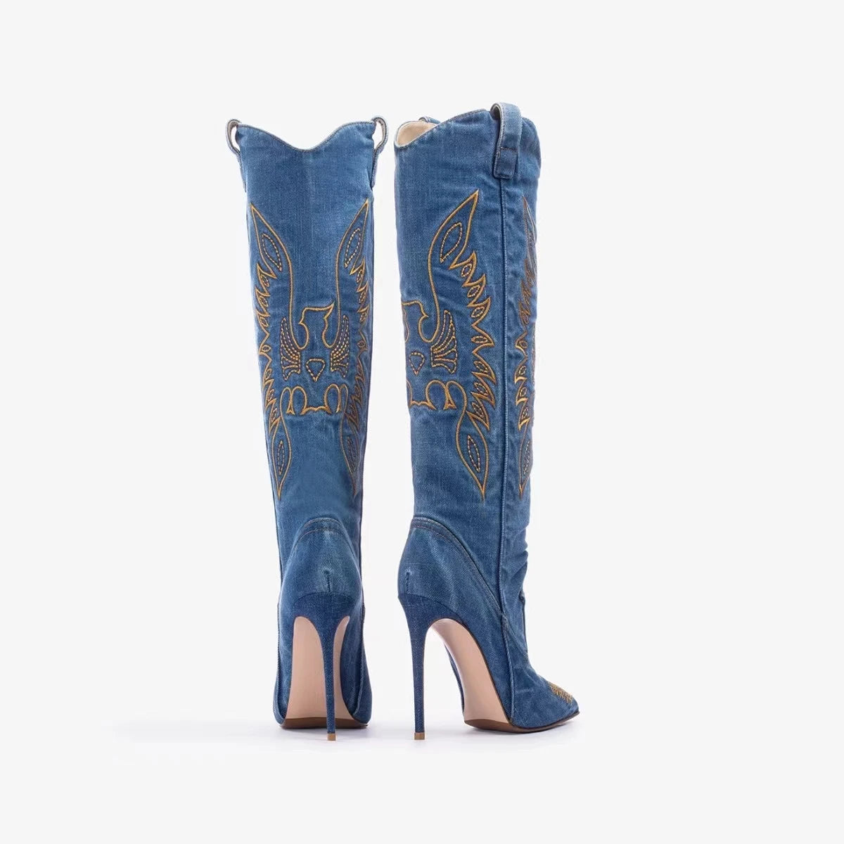 Denim Embroidered Stiletto Cowboy Boots – High Heel Western Fashion Statement