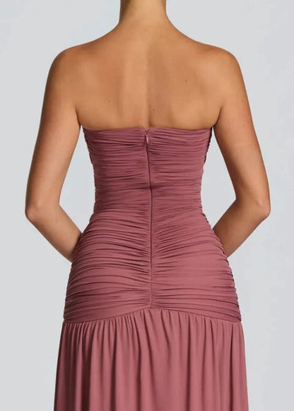 Elegant Deep V Strapless Ruched Maxi Dress