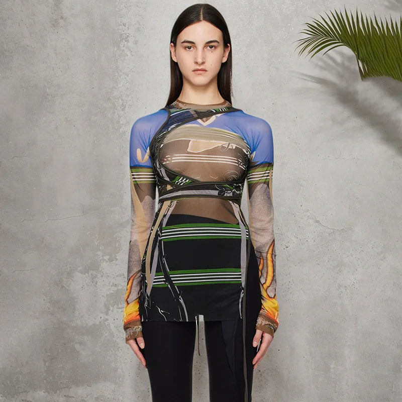 Abstract Print Ruched Sheer Mesh Mini Dress