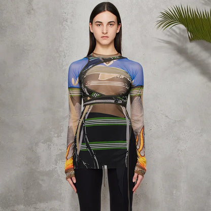 Abstract Print Ruched Sheer Mesh Mini Dress