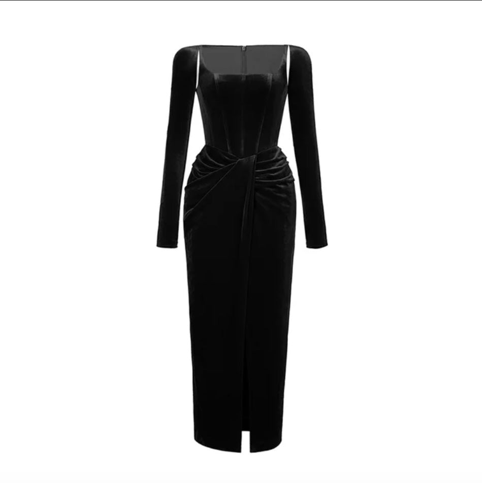 BLACK MIDI DRESS with CORSET LONG SLEEVES and FRONT SLIT – El Merrist Store