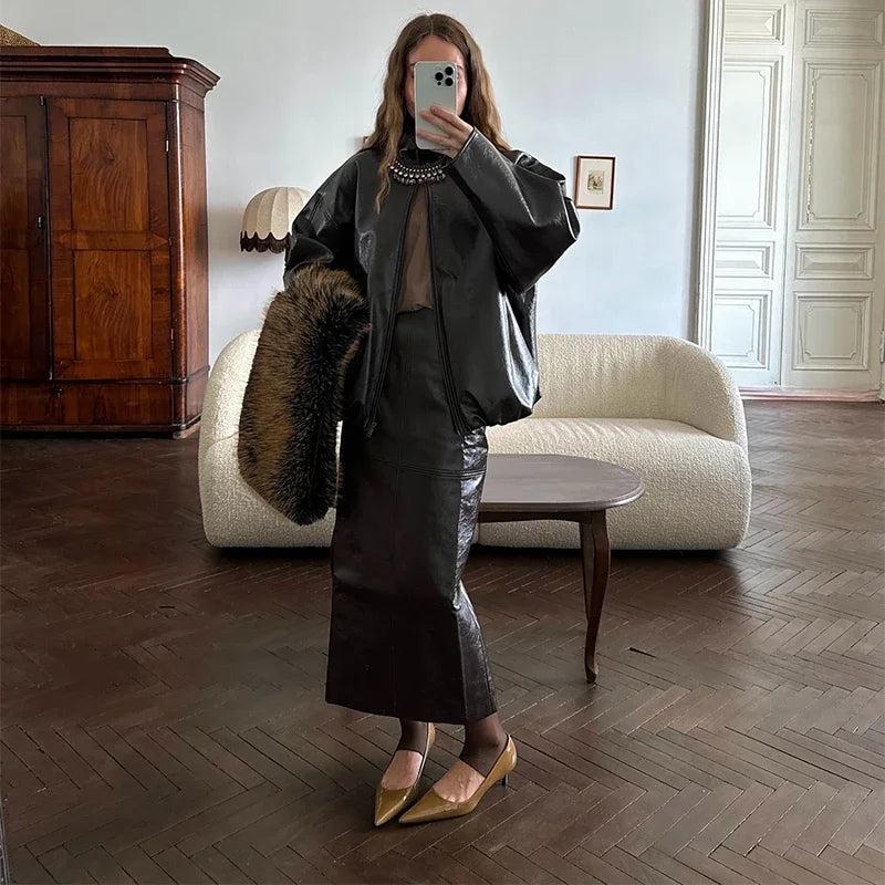 Vintage PU Leather Jacket and Skirt Set for Women – High Neck Long Sleeve Coat + Midi Skirt | Autumn Winte Outfit