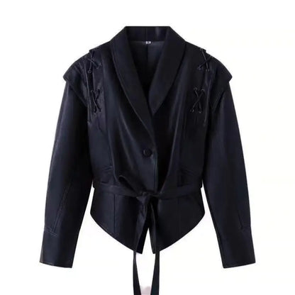 Black PU leather jacket with lace-up detail and belted waist for women