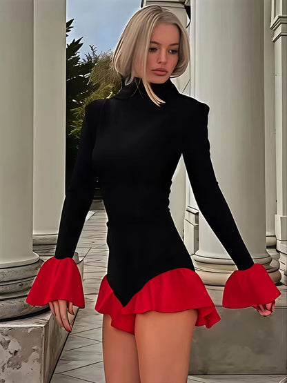 Elegant Long Sleeve Patchwork Playsuit – High Waist, Turtleneck Ruffle Cuffs, Chic Party Romper