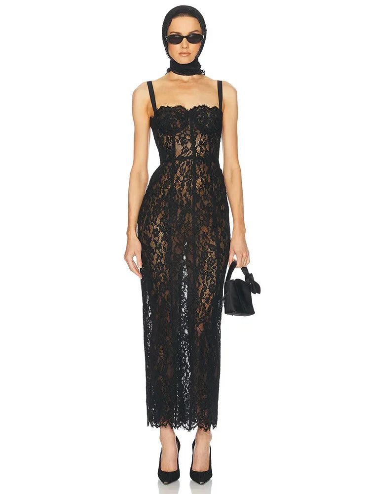 Black lace spaghetti strap bodycon evening dress with square neckline – front view