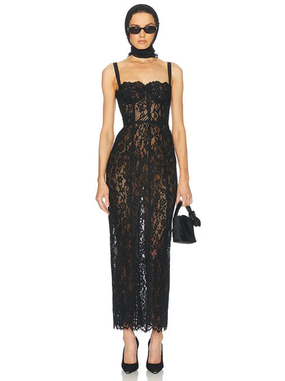Black lace spaghetti strap bodycon evening dress with square neckline – front view