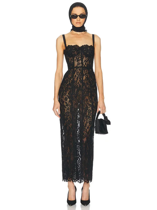 Black lace spaghetti strap bodycon evening dress with square neckline – front view