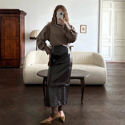 Vintage PU Leather Jacket and Skirt Set for Women – High Neck Long Sleeve Coat + Midi Skirt | Autumn Winte Outfit