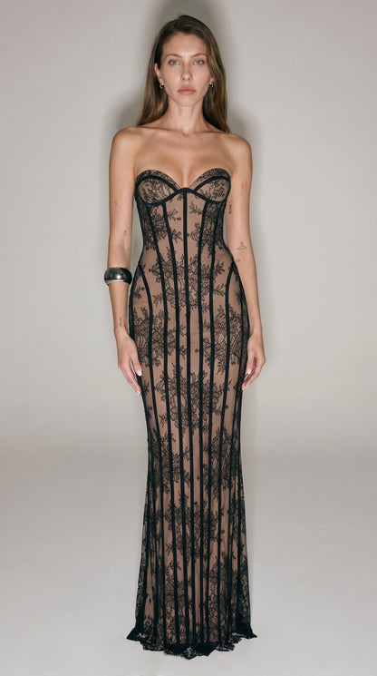 Sheer Lace Corset Maxi Dress – Strapless Bodycon Evening Party Dress