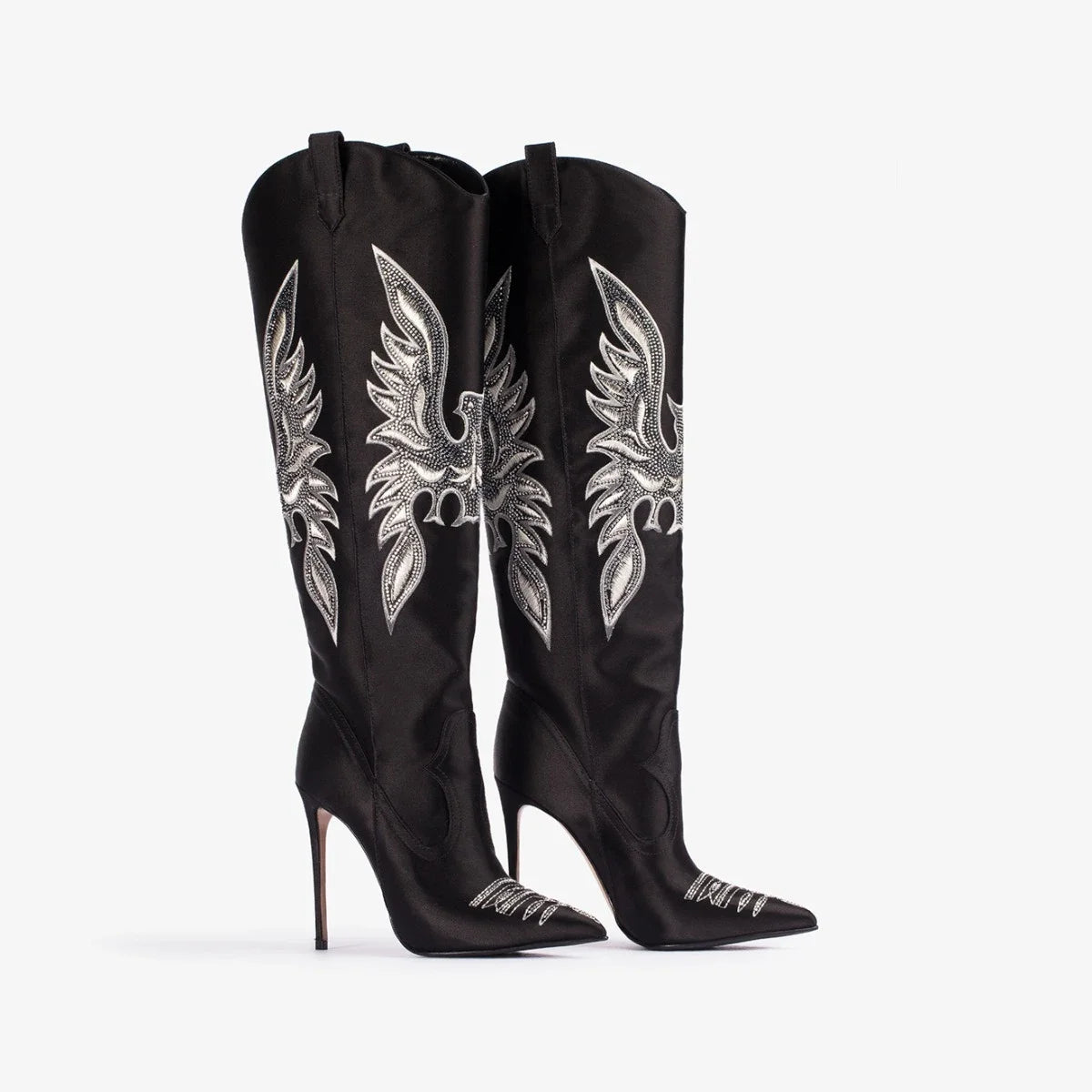 Denim Embroidered Stiletto Cowboy Boots – High Heel Western Fashion Statement