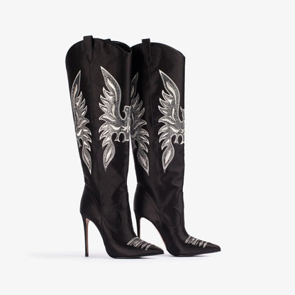 Denim Embroidered Stiletto Cowboy Boots – High Heel Western Fashion Statement