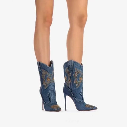 Denim Embroidered Stiletto Cowboy Boots – High Heel Western Fashion Statement
