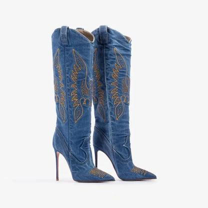 Denim Embroidered Stiletto Cowboy Boots – High Heel Western Fashion Statement