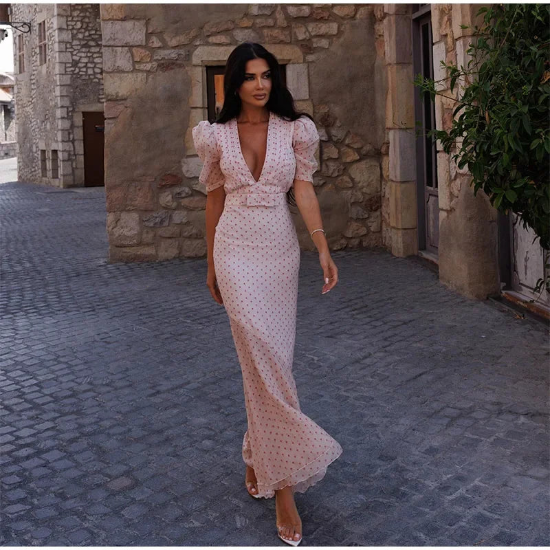 Blush Pink Polka Dot Maxi Dress with Puff Sleeves and Deep V-Neck