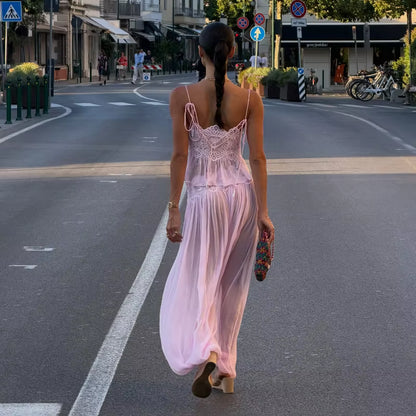 Floral Lace Pleated Wide-Leg Beach Set
