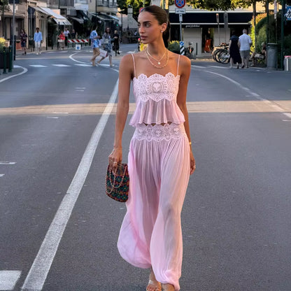Floral Lace Pleated Wide-Leg Beach Set