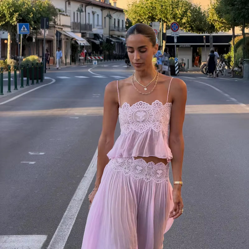 Floral Lace Pleated Wide-Leg Beach Set