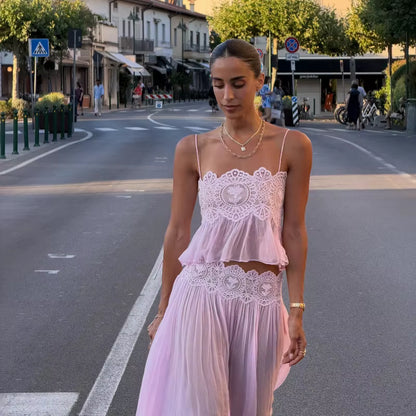 Floral Lace Pleated Wide-Leg Beach Set