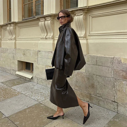 Vintage PU Leather Jacket and Skirt Set for Women – High Neck Long Sleeve Coat + Midi Skirt | Autumn Winte Outfit