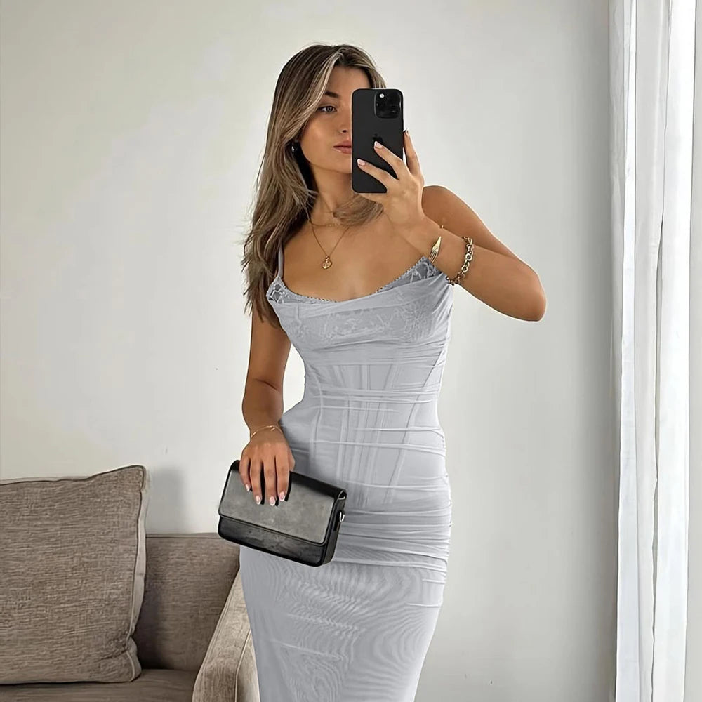 Chic mesh corset maxi dress in gray and rose – elegant bodycon silhouette