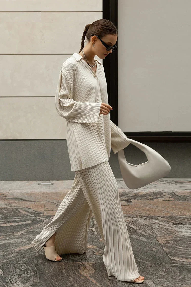 Solid Color Pleated Long Sleeve Pants Set