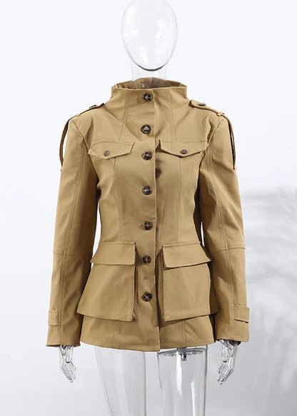 Khaki Stand Collar Trench Coat – Elegant Waist-Length Jacket with Pockets & Button Closure